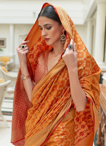 Beautiful Orange Color Silk Bandhani Patola Print Saree Design